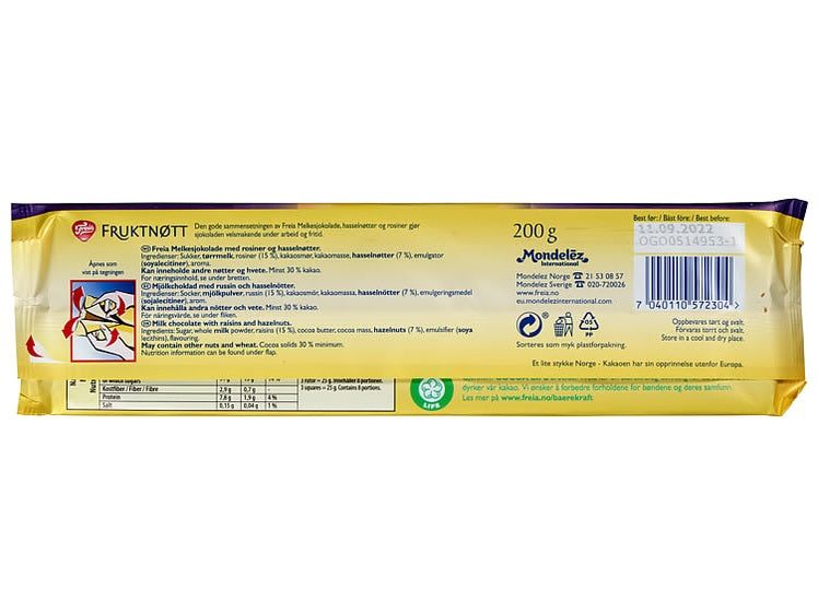 Freia milk chocolate Fruitnut 200 gram (Melkesjokolade fruktnøtt)