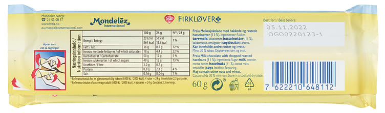 Freia Milk chocolate with hazelnuts 60 grams (Firkløver)
