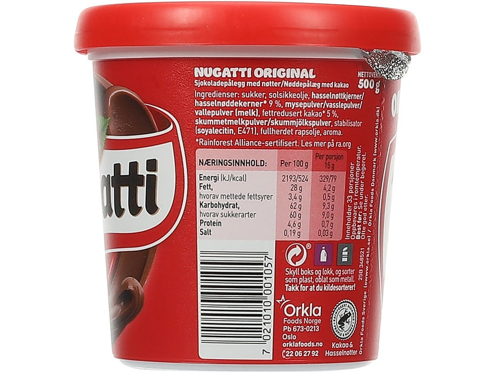 Nugatti Original chocolate / nut spread 500 gram (Sjokolade / nøtte pålegg)