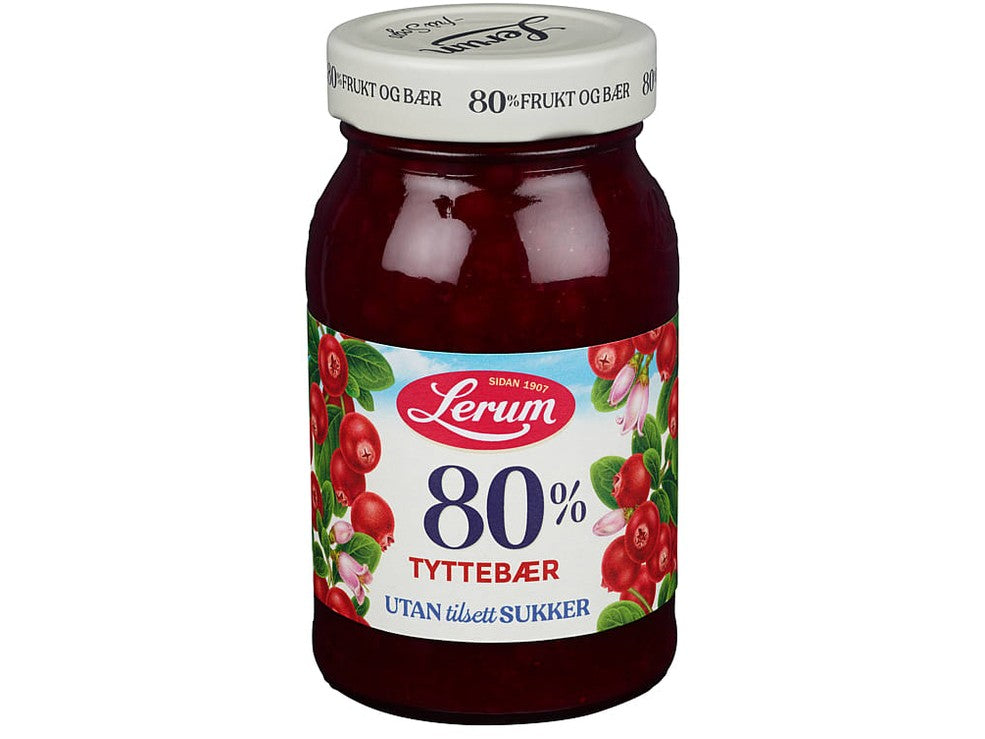 Lerum 80 % Berries Lingonberry Jam (Tyttebærsyltetøy uten tilsatt sukker) 330 grams