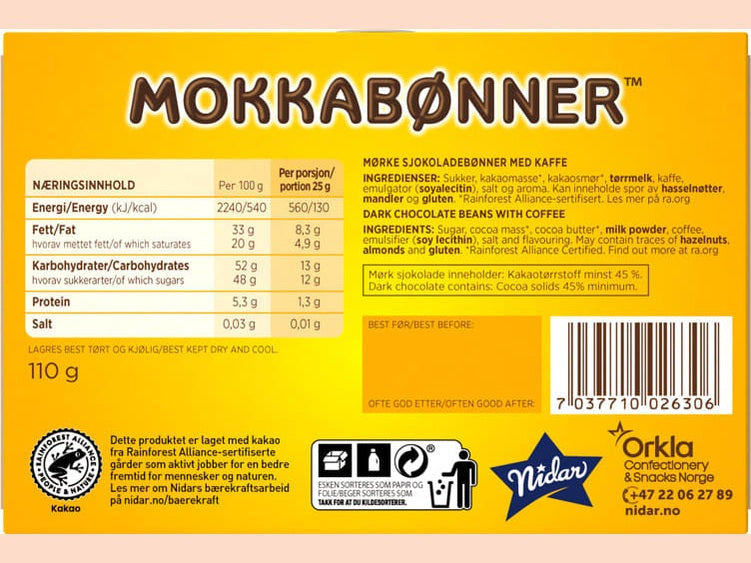Nidar Mocca beans 110 grams (Mokkabønner)