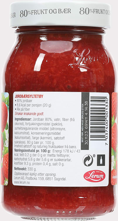 Lerum Strawberry Jam (Jordbær syltetøy uten tilsatt sukker) 330gr