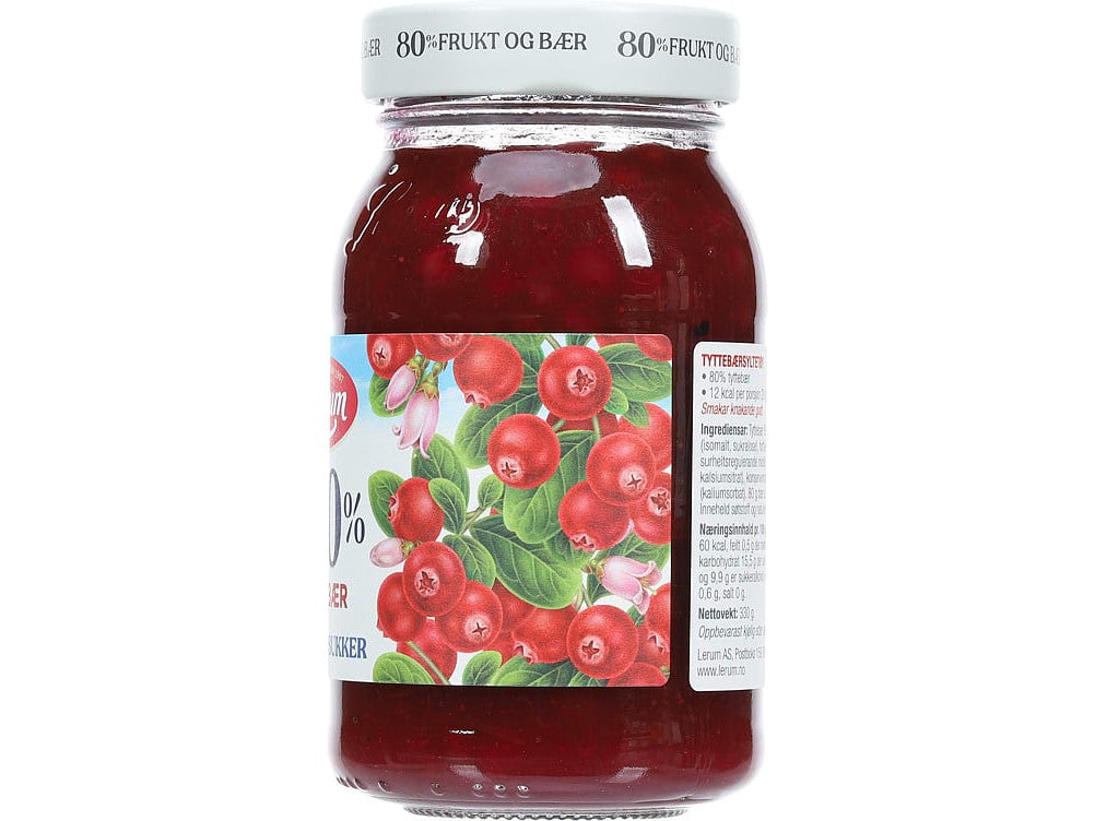 Lerum 80 % Berries Lingonberry Jam (Tyttebærsyltetøy uten tilsatt sukker) 330 grams