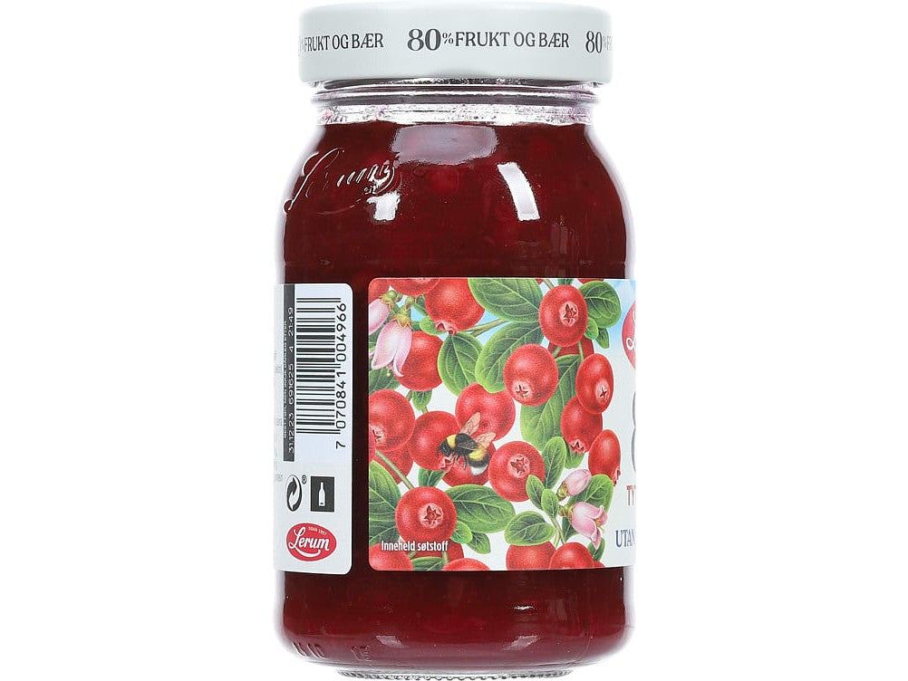 Lerum 80 % Berries Lingonberry Jam (Tyttebærsyltetøy uten tilsatt sukker) 330 grams