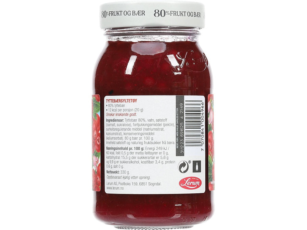 Lerum 80 % Berries Lingonberry Jam (Tyttebærsyltetøy uten tilsatt sukker) 330 grams