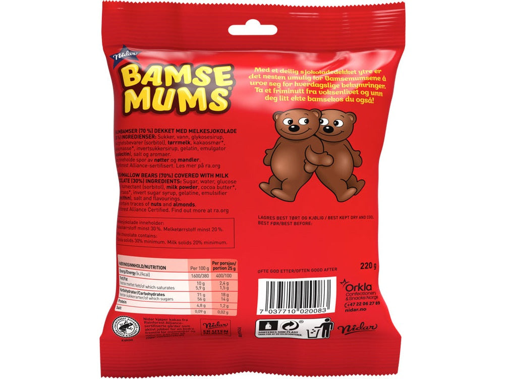 Nidar Bamsemums chocolate covered "Foam bears" 220 gram