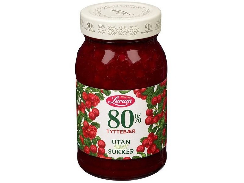 Lerum 80 % Berries Lingonberry Jam (Tytterbærsyltetøy uten tilsatt sukker) 330 grams Norwegian Foodstore