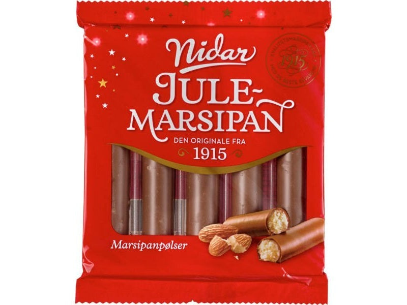 Nidar Christmas marzipan sticks 5 pcs 110 grams (Jule Marsipanpølser) Norwegian Foodstore