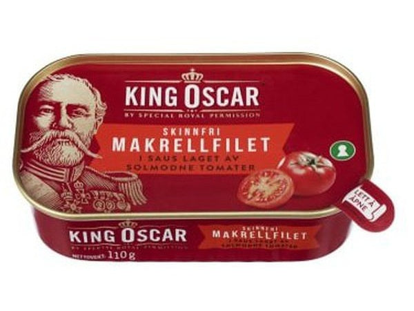 King Oscar Mackerel Filet in tomato sauce (makrell filet i tomat saus) 110 grams Norwegian Foodstore