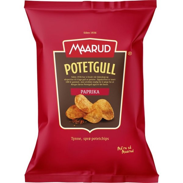 Maarud potatochips paprika potato chips 250 gram (Potetgull paprika) Norwegian Foodstore