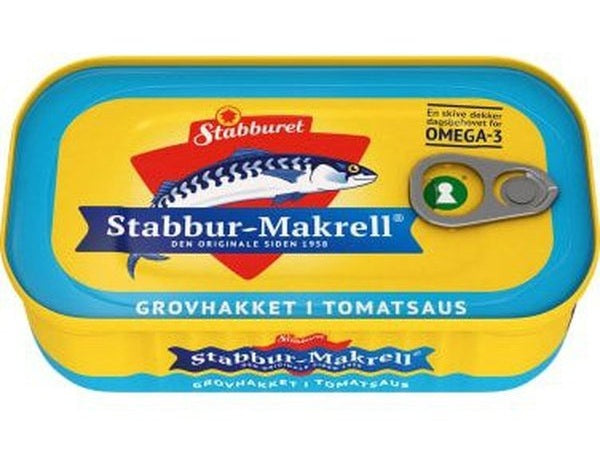 Stabburet Mackerel Coarsly Chopped (Grovhakket makrell i tomat) 110 grams Norwegian Foodstore