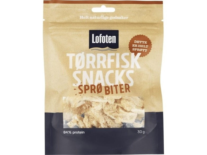 Lofoten Dryfish crisp bites 30 gram (Tørrfisksnacks sprø biter) Norwegian Foodstore