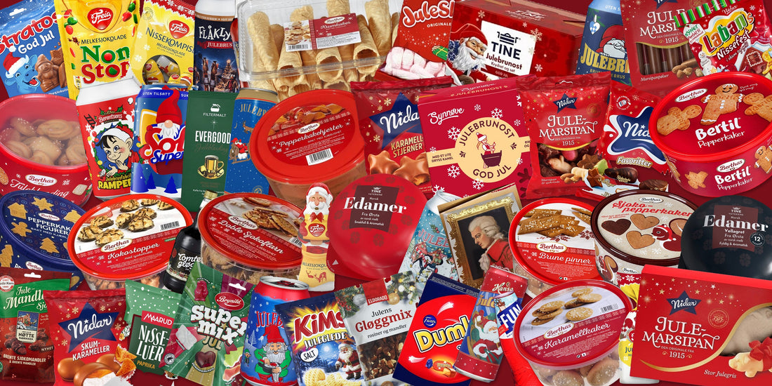Colourful collage of Norwegian Christmas sweets, julebrus, gingerbread, marzipan and festive cheeses.