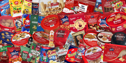 Colourful collage of Norwegian Christmas sweets, julebrus, gingerbread, marzipan and festive cheeses.