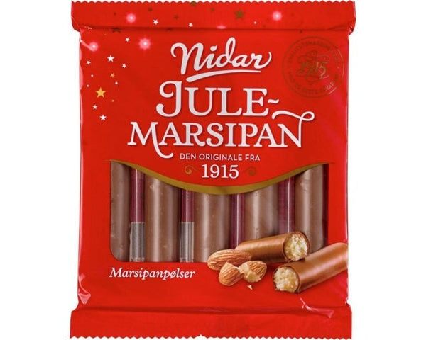 Nidar Christmas marzipan sticks 5 pcs 110 grams (Jule Marsipanpølser) Norwegian Foodstore