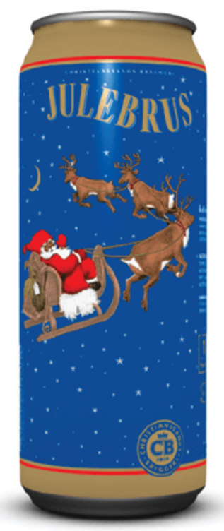 CB Julebrus 0.5 L can with blue and gold Christmas design
