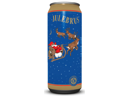CB Julebrus 0.5 L can with blue and gold Christmas design