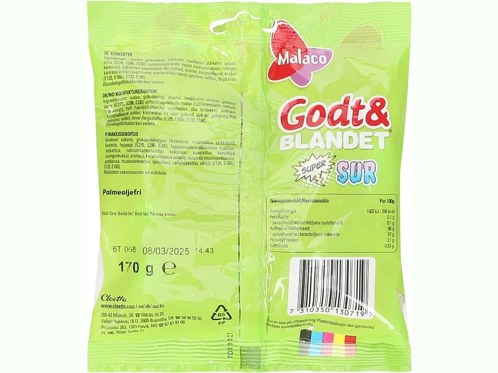 Malaco Godt & Blandet Supersour 170 grams Norwegian Foodstore