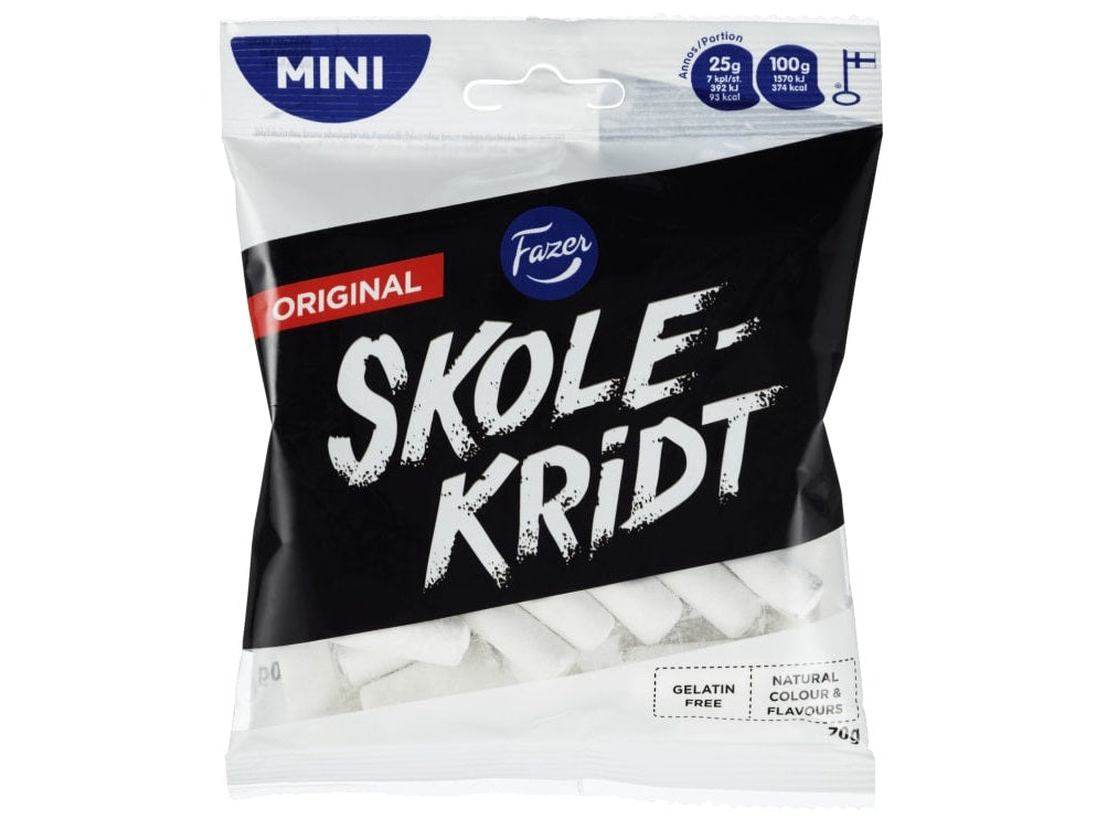 Fazer School Chalk Original 70g salty licorice candy with crunchy coating and strong liquorice core Nordic sweet