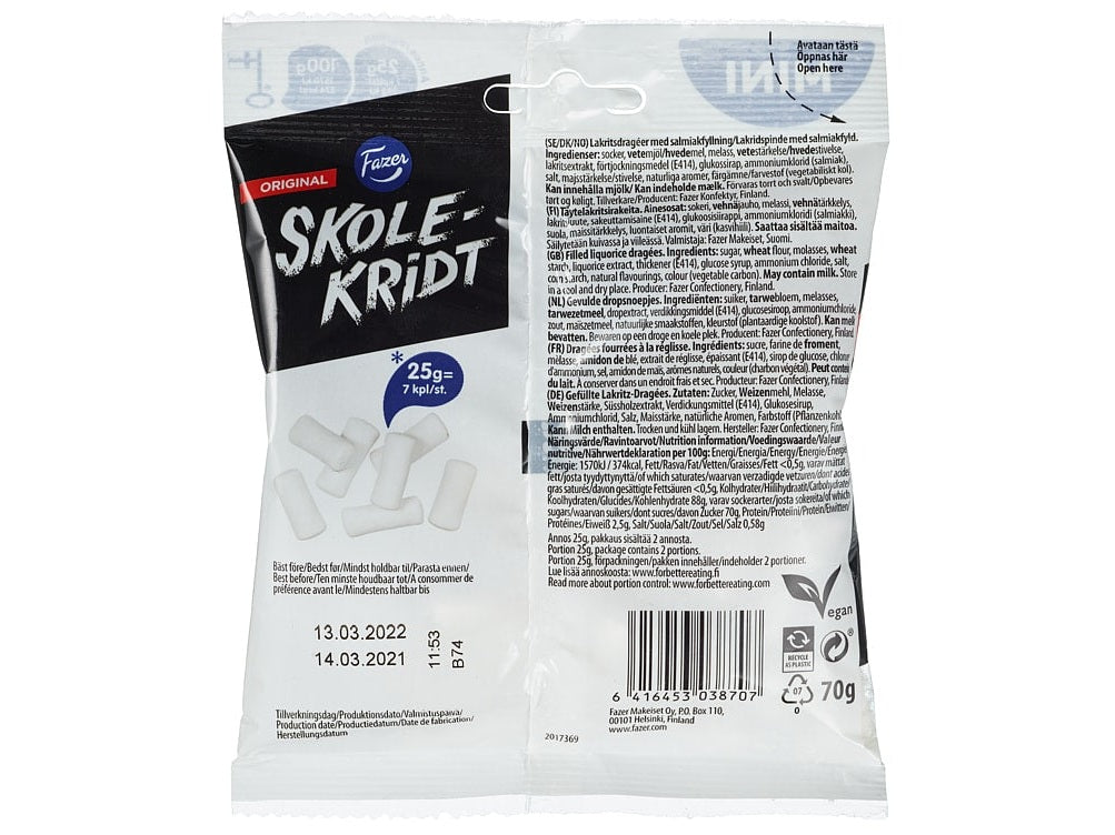 Fazer School Chalk Original 70g salty licorice candy with crunchy coating and strong liquorice core Nordic sweet