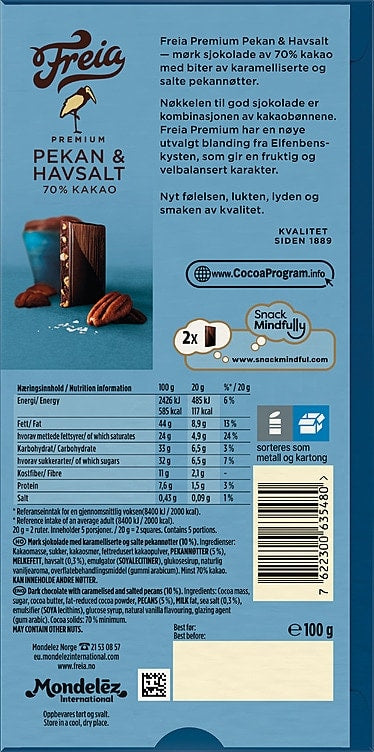 Freia 70% Premium dark chocolate pecan & seasalt 100 grams Norwegian Foodstore