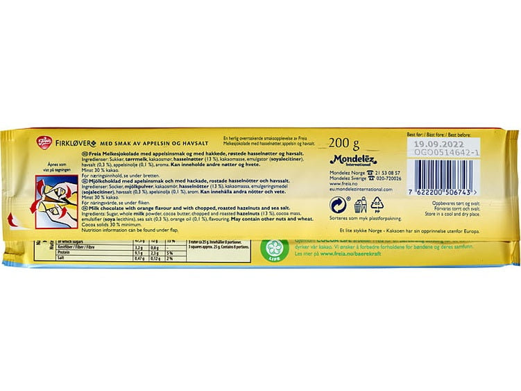 Freia Milk chocolate with hazelnuts & oranges 200 gram (Firkløver med appelsinsmak) Norwegian Foodstore
