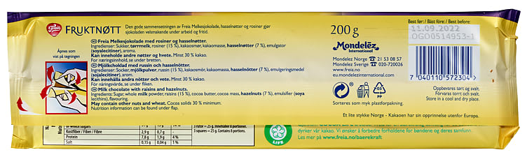 Freia Milk Chocolate Fruit and Nut 200g – Norwegian melkesjokolade fruktnott with raisins and nuts fast worldwide shipping