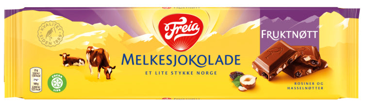 Freia Milk Chocolate Fruit and Nut 200g – Norwegian melkesjokolade fruktnott with raisins and nuts fast worldwide shipping