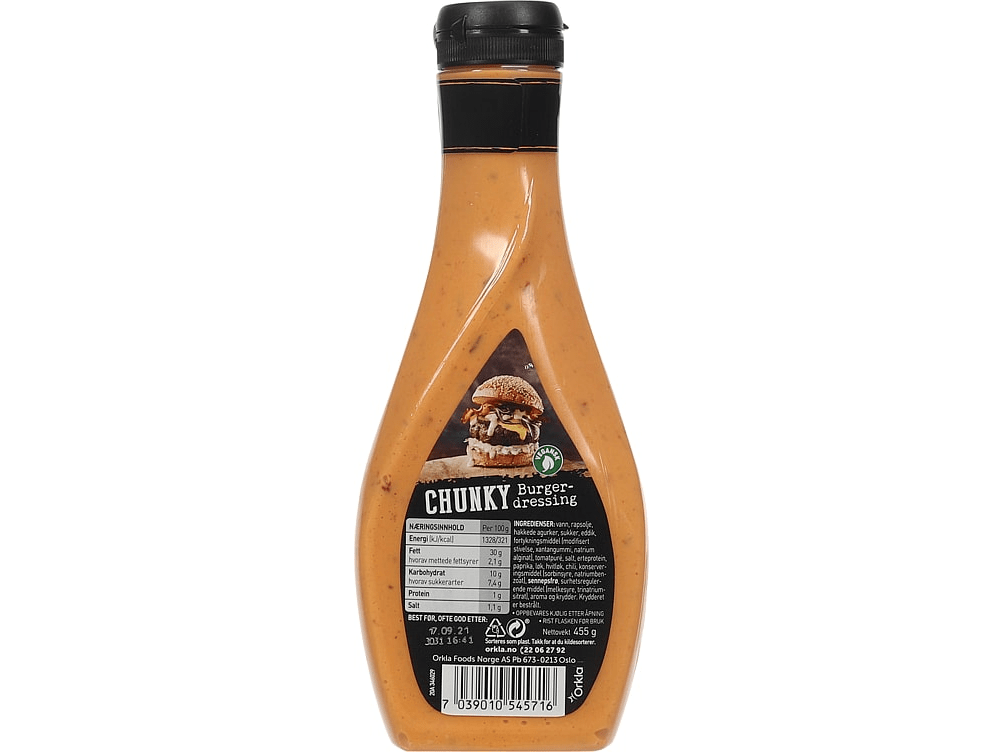 Idun Chunky Burger Dressing 455 g – ingredients and nutrition label