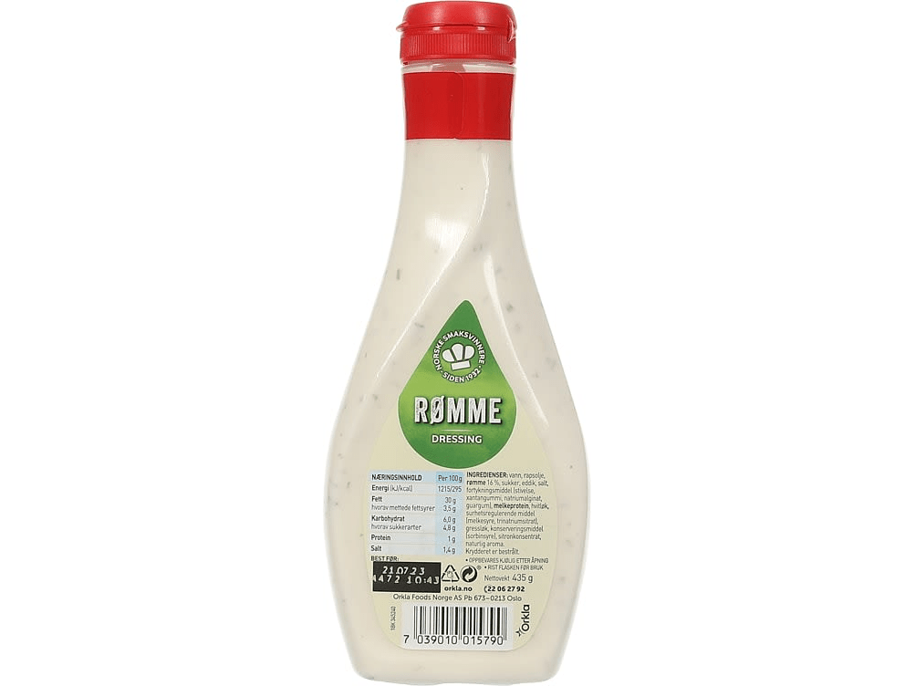 Idun Sour Cream Dressing 435 g – back label with ingredients and nutrition information