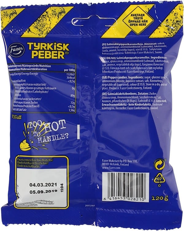 Fazer Tyrkisk Peber Original 120 g, back of package with ingredients and nutrition
