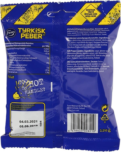 Fazer Tyrkisk Peber Original 120 g, back of package with ingredients and nutrition