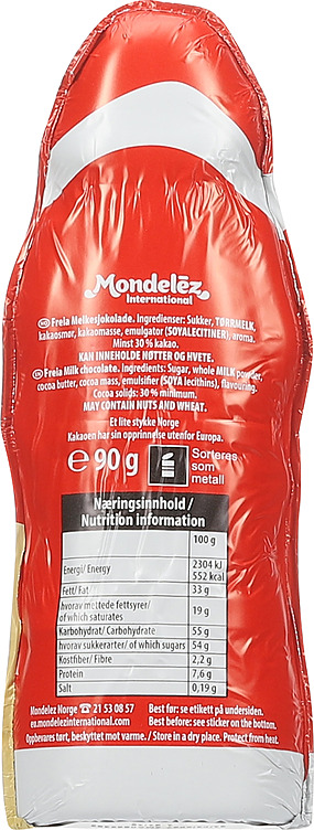 Freia milk chocolate Santa Claus 90 g, back with ingredients and nutrition