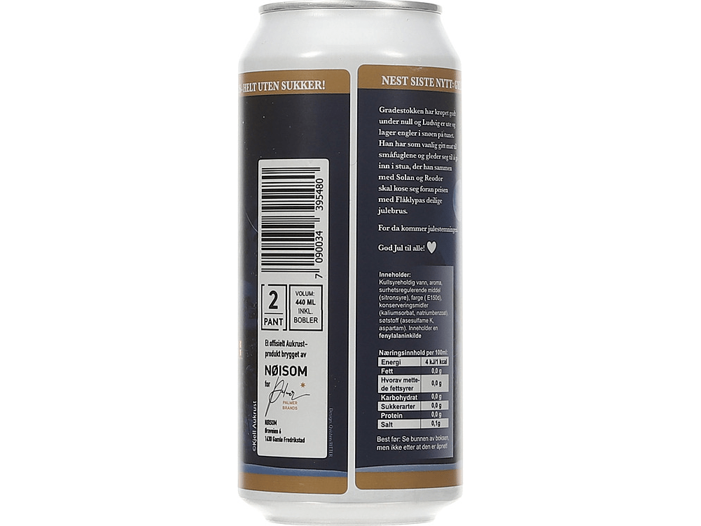 Flåklypa sugar-free Christmas soda back of can