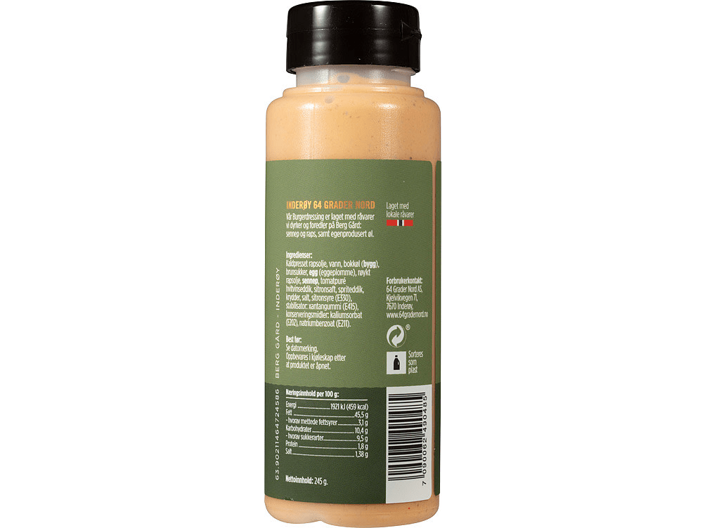 Inderøy 64° Nord Burger Dressing 245 g – ingredients and nutrition label