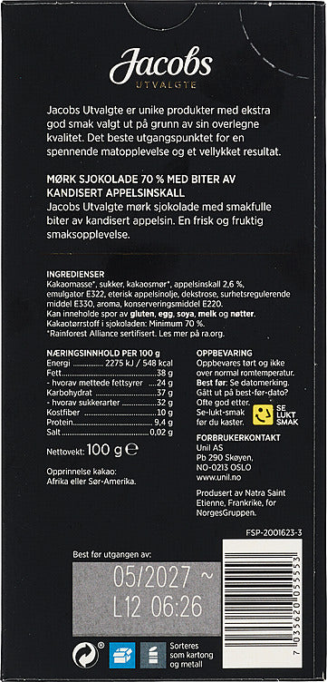Jacobs Chocolate Dark 70% Candied Orange 100g – Norwegian Foodstore