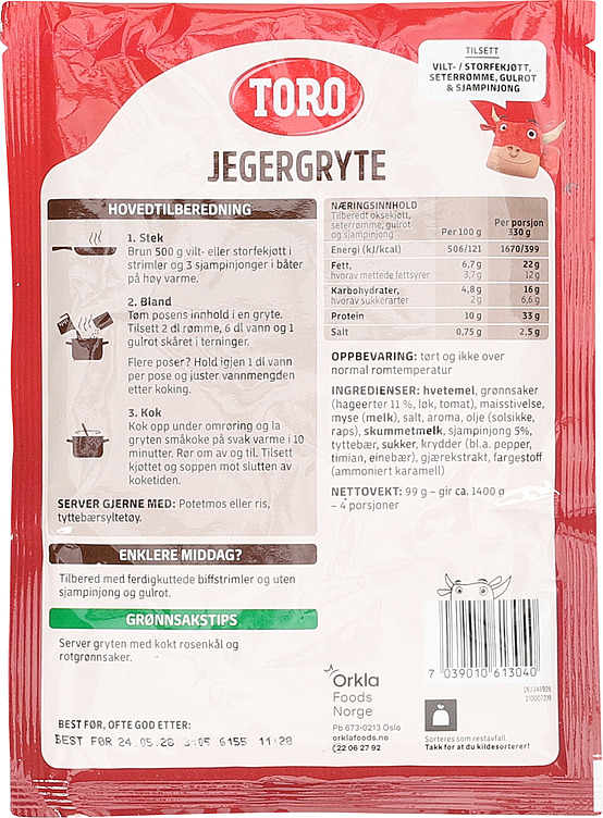 TORO Jegergryte 99 g, ingredients, nutrition and preparation instructions