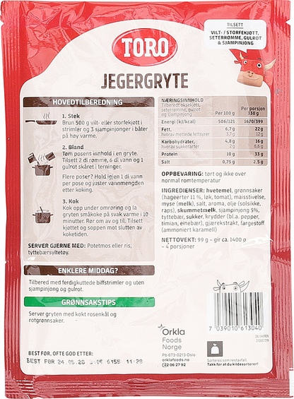 TORO Jegergryte 99 g, ingredients, nutrition and preparation instructions