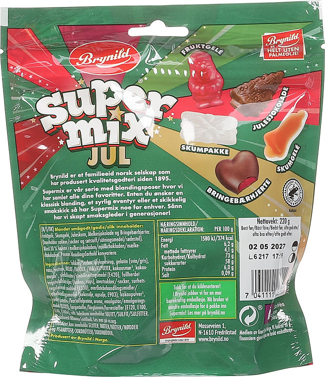 Brynild Supermix Jul 220 g, back of bag with ingredients and nutrition