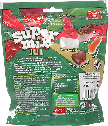 Brynild Supermix Jul 220 g, back of bag with ingredients and nutrition