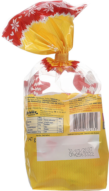 Freia Julemiks milk chocolate Christmas mix, back of bag with ingredients and nutrition