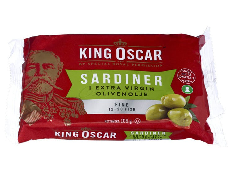 King Oscar Sprats/Sardines in olive oil Fine (Sardiner i olje) 106 grams Norwegian Foodstore