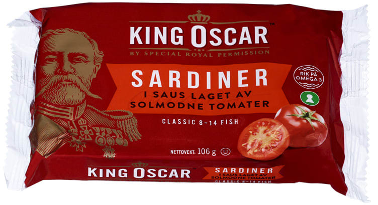 King Oscar Sardines in Tomatosauce (Sardiner i solmodne tomater) 106 grams Norwegian Foodstore