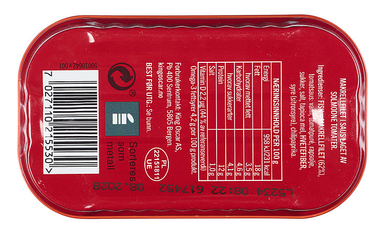 King Oscar Mackerel Filet in tomato sauce (makrell filet i tomat saus) 110 grams Norwegian Foodstore
