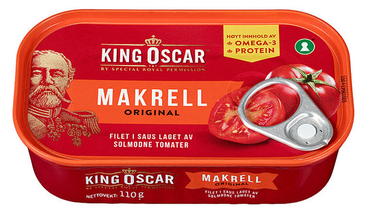 King Oscar Mackerel Filet in tomato sauce (makrell filet i tomat saus) 110 grams Norwegian Foodstore