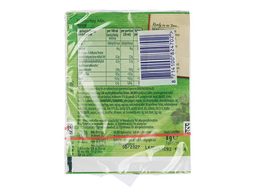Knorr French Dressing Mix – ingredients and prepared dressing nutrition