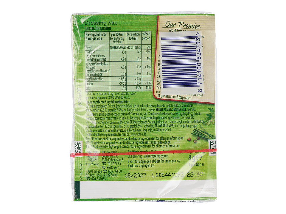 Knorr Herb Dressing Mix – ingredients and prepared dressing nutrition
