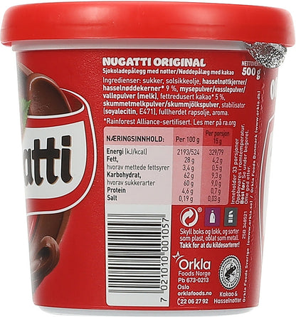 Nugatti Original chocolate / nut spread 500 gram (Sjokolade / nøtte pålegg)