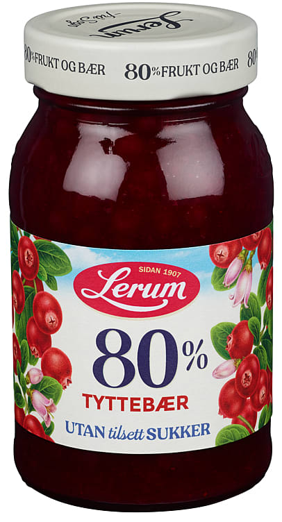 Lerum 80 % Berries Lingonberry Jam (Tyttebærsyltetøy uten tilsatt sukker) 330 grams