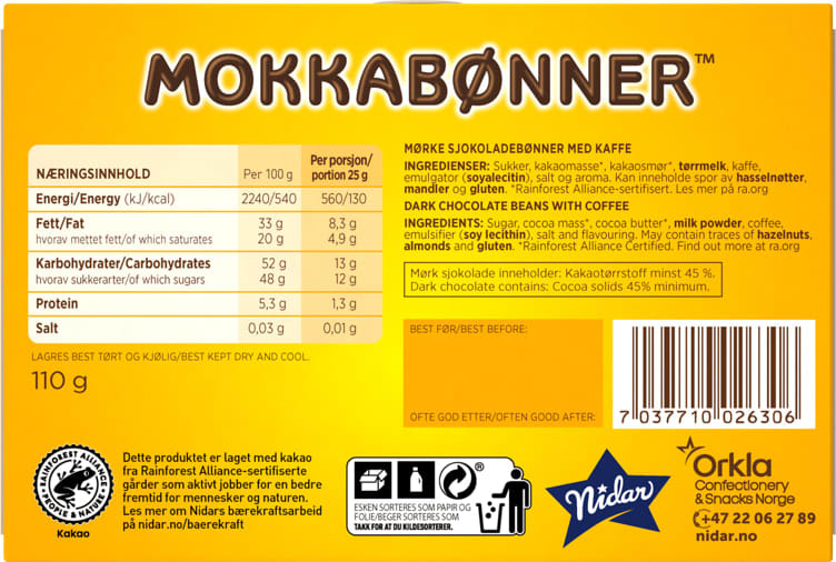 Nidar Mocca beans 110 grams (Mokkabønner)